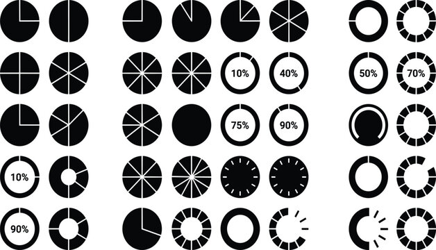 Pie Chart Vector Icon Set Featuring Donut Charts Percentage Segments and Loading Circles