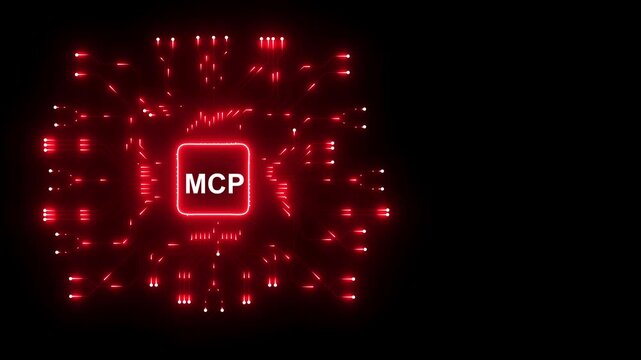 Futuristic red glowing MCP processor chip on high-tech digital motherboard circuit background with copy space for advanced AI and cloud computing.