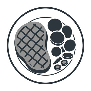 Monochrome icon of grilled steak with side vegetables on plate
