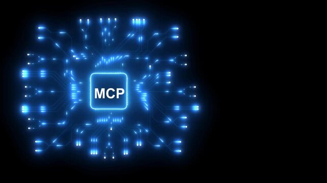 Futuristic blue glowing MCP processor chip on high-tech digital motherboard circuit background with copy space for advanced AI and cloud computing.