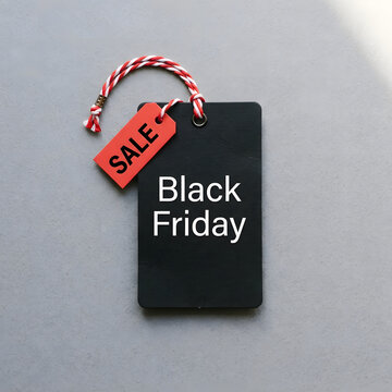 Black Friday sale tag with red label on a grey textured background