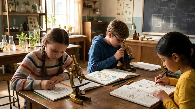 Diverse children using microscopes in vintage school lab.