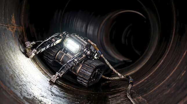 Magnetic crawler robot inspecting inside large steel pipeline