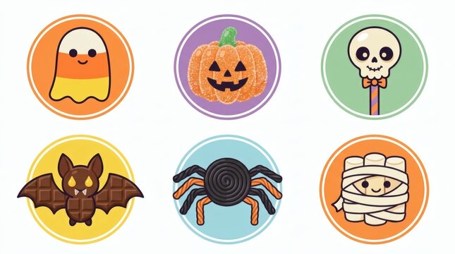 Flat Vector Halloween Candy Monster Mashups Candy Corn Ghost Gumdrop Pumpkin Lollipop Skeleton

