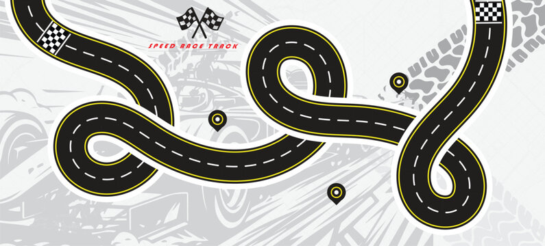 Speed Race Background. Race track in black color with tyre marks and city map on a white background.