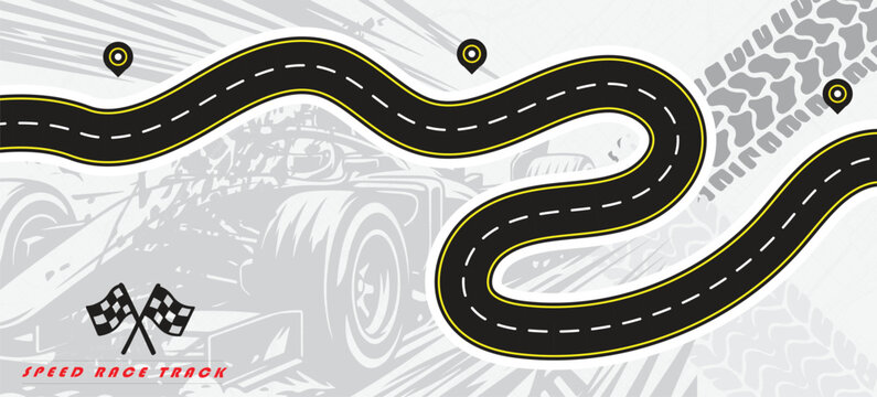 Speed Race Background. Race track in black color with tyre marks and city map on a white background.