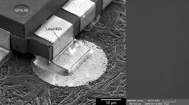 Scanning electron microscope SEM image of QFN microchip solder joint