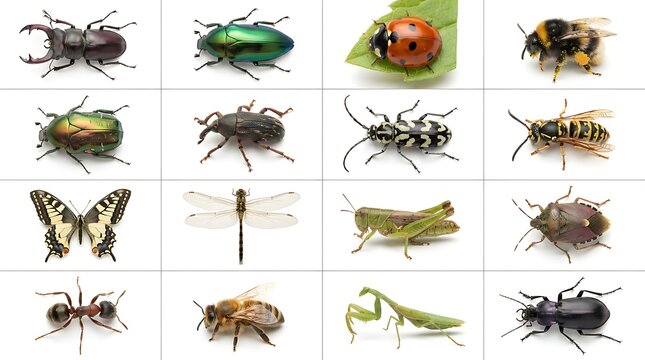 Diverse insect collection showcasing beetles, butterflies, and dragonflies in natural studio lighting