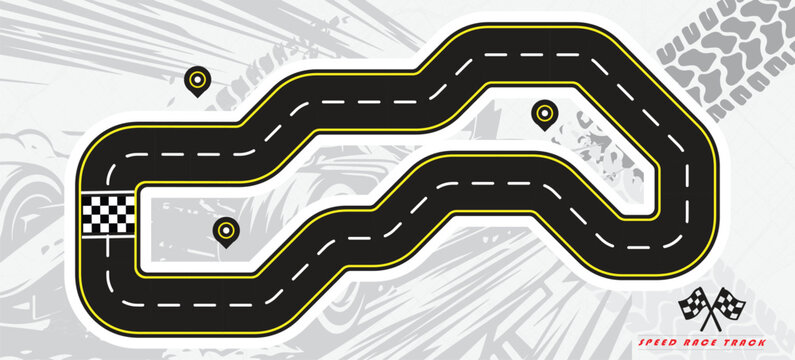 Speed Race Background. Race track in black color with tyre marks and city map on a white background.