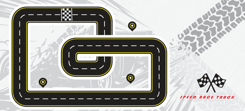 Speed Race Background. Race track in black color with tyre marks and city map on a white background.