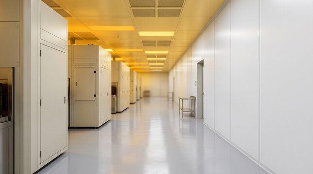 Semiconductor fab cleanroom hallway with equipment cabinets and yellow ceiling lights, no people