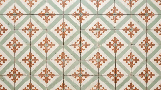 Vintage ceramic floor tiles with a repeating geometric fleur de lis pattern in muted green and orange