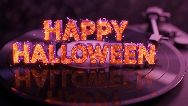 Glowing orange and purple 'Happy Halloween' text with sparkling lights resting on a vinyl record player, reflecting on the dark surface.