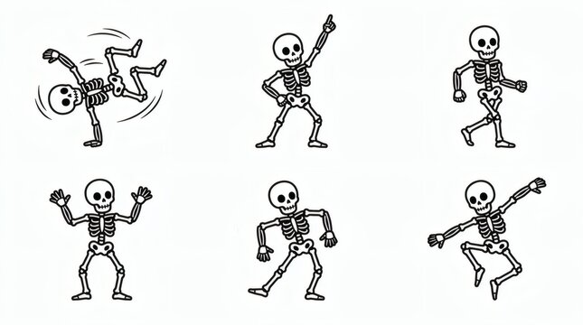 Flat Vector Skeleton Six Dance Poses Breakdancing Disco Moonwalk Jazz Hands Robot Freeze

