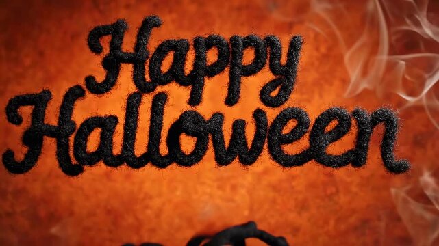 Happy Halloween" text in a dark, textured font against a vibrant orange background with subtle smoky wisps, evoking a festive and spooky atmosphere.