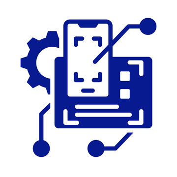 Blue mobile application development icon featuring a smartphone gear and digital interface elements for software engineering concepts transparent background