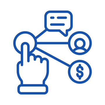 Blue outline icon showing a hand interacting with digital network connections transparent background