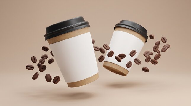 paper coffee cups mockup floating with blank label and flying roasted coffee beans for caf&eacute; branding