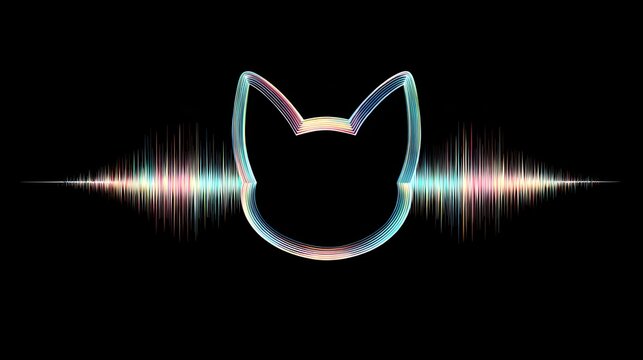 Neon glowing cat head silhouette with audio equalizer soundwave spectrum on black background, music DJ meme overlay