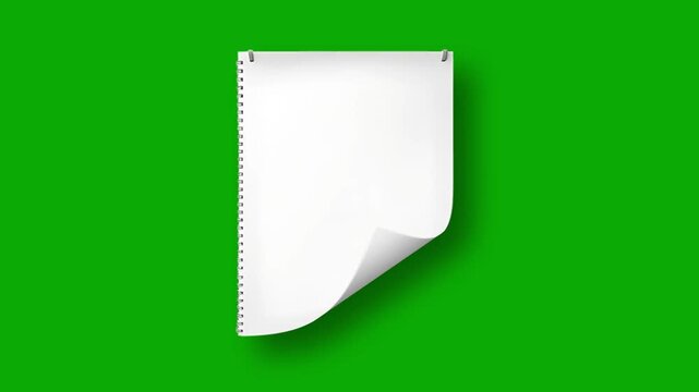 White notebook paper sheet with perforated edge and curled corner flipping subtly, seamless loop on green background, realistic shadow, minimal motion graphics overlay for school notes and titles