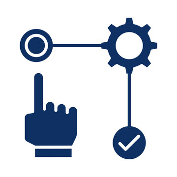 Flat blue icon representing a workflow process with a finger pointing at a gear mechanism and checkmark transparent background