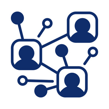 Flat dark blue vector icon representing a social network connection with people avatars and nodes transparent background