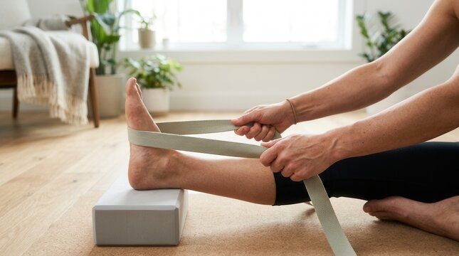 Close-up of person using yoga strap and block for hamstring stretch in bright, modern living room