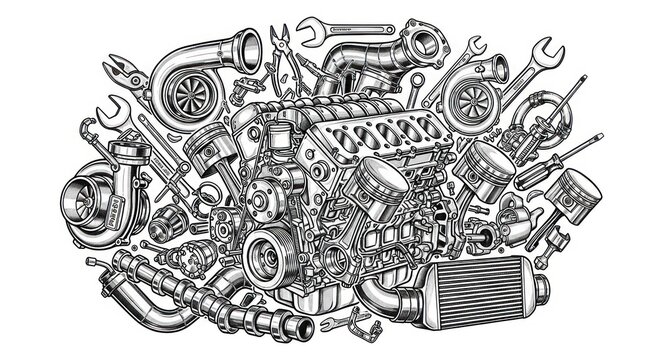 Automotive engine and components illustration on white background