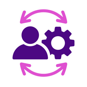 Flat icon representing human user interaction with gear settings and synchronization process transparent background