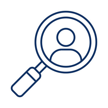 Magnifying glass icon with human user profile symbol for recruitment and searching transparent background