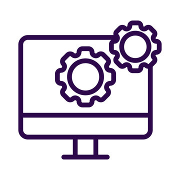 Minimalist line art icon of a computer monitor with two mechanical gear settings transparent background