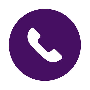 Purple circular icon featuring a simple white telephone handset symbol for contact information transparent background