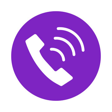 Purple circular icon with a white telephone handset and signal waves representing communication and connection transparent background