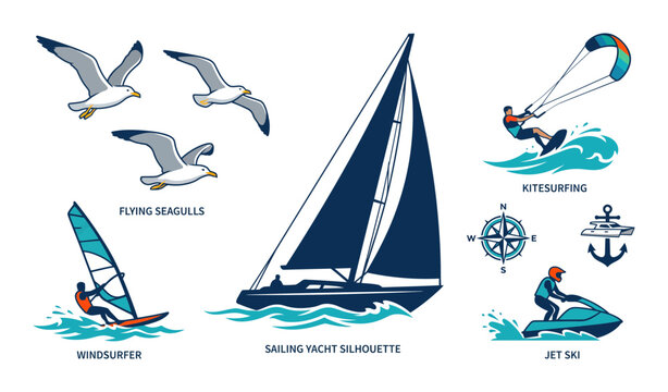 Nautical sports icons featuring sailing yacht windsurfer kitesurfer and seagulls