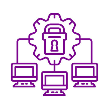 Purple line art icon representing network security with computers and lock transparent background