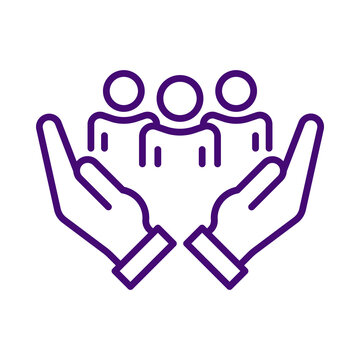 Purple line icon of two cupped hands protecting a group of three people transparent background