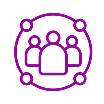 Purple outline icon featuring a group of three people connected inside a circle transparent background
