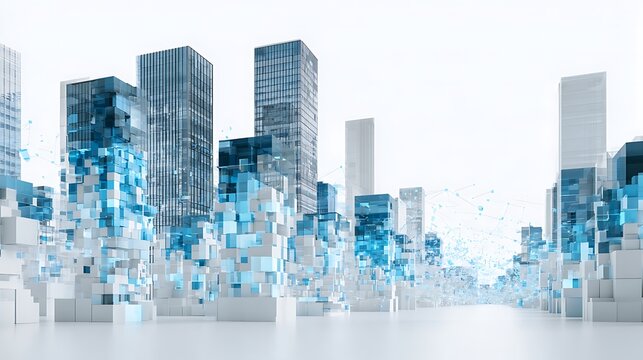 real estate tokenization concept, modern skyscrapers transformed into digital asset blocks, blockchain connections
