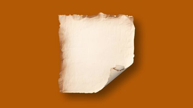 Vintage torn parchment paper card gently floating and looping on brown background, realistic textured edges and shadow, motion graphics overlay for rustic menu, craft label, vintage poster frame, or t