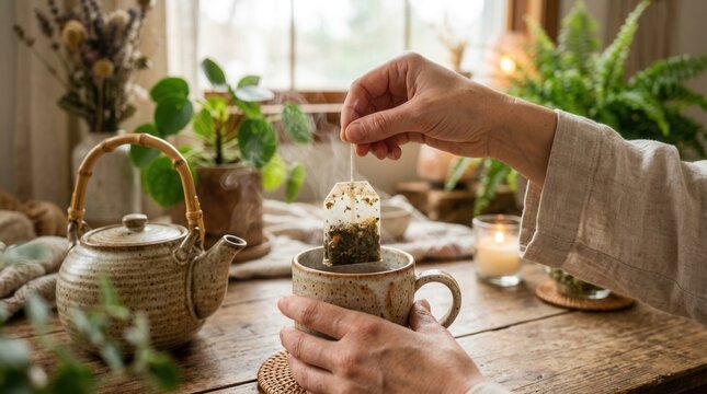 Cozy Morning Ritual: Hand steeping herbal tea bag in rustic mug by a window with plants and candle.