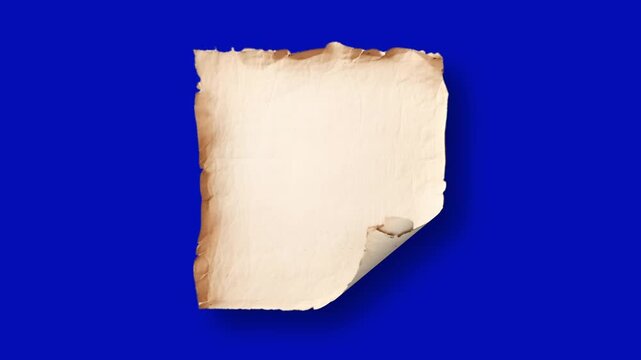  Vintage torn parchment paper card gently floating and looping on blue background, realistic textured edges with drop shadow, motion graphics overlay for historical note, label, poster frame, or title
