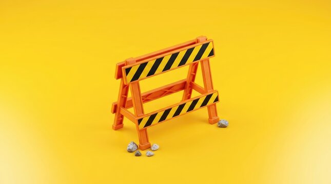 Orange plastic road construction barrier with diagonal black warning stripes sits on a vibrant yellow surface