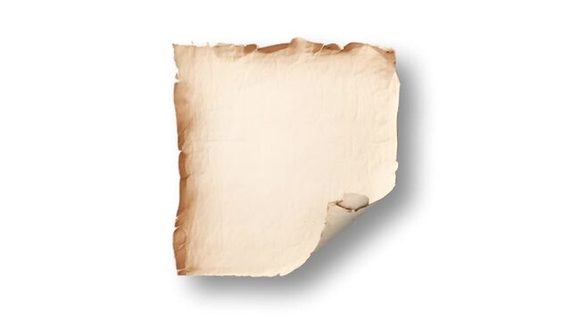 Vintage torn parchment paper card gently floating in place, seamless loop on white background, realistic textured edges and shadow, motion graphics overlay for vintage message, invitation, or title fr