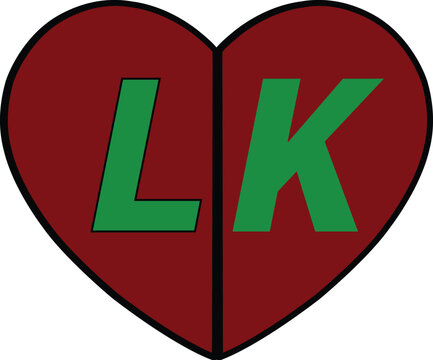 Heart shape monogram logo featuring green letters LK inside a red split heart icon isolated on white background