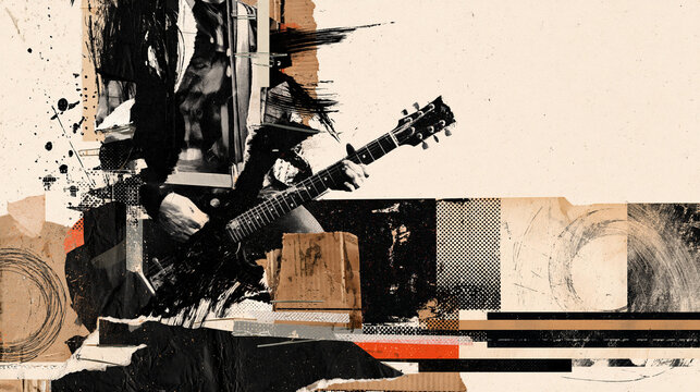 Grunge Punk Rock Guitarist Collage with Distressed Mixed Media Texture