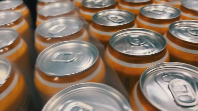 Rows of Beverage Cans Close Up Wide Angle Motion Blur | Aluminum Drink Can Tops in Warehouse Storage | Wholesale Retail Background