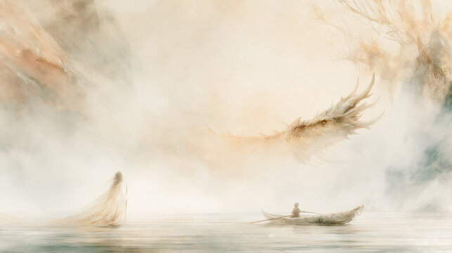 Pale dragon above a woman and rowboat in a misty watercolor scene.