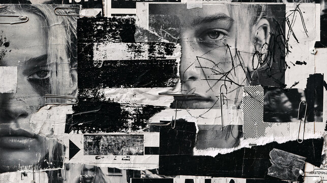 Black and White Punk Collage With Female Faces, Torn Paper and Grunge Textures
