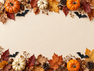 Fototapeta premium Autumn Border with Pumpkins and Leaves