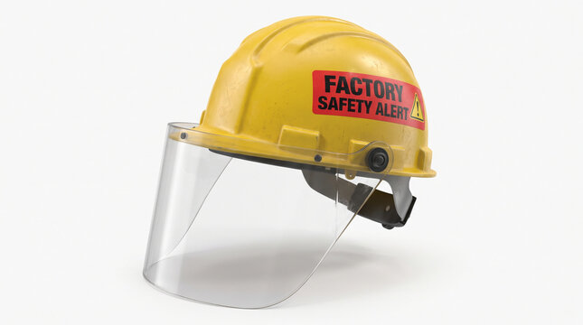 A bright yellow safety helmet with a transparent face shield, labeled 'Factory Safety Alert,' emphasizing workplace safety.